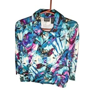 Additions By Chico’s Sz 2 Blue Purple Floral Pattern Button Down Jacket